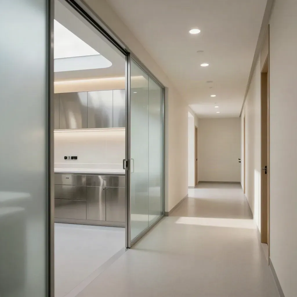 Pristine clinic corridor with milky glass partitions, stainless cabinetry and soft daylight