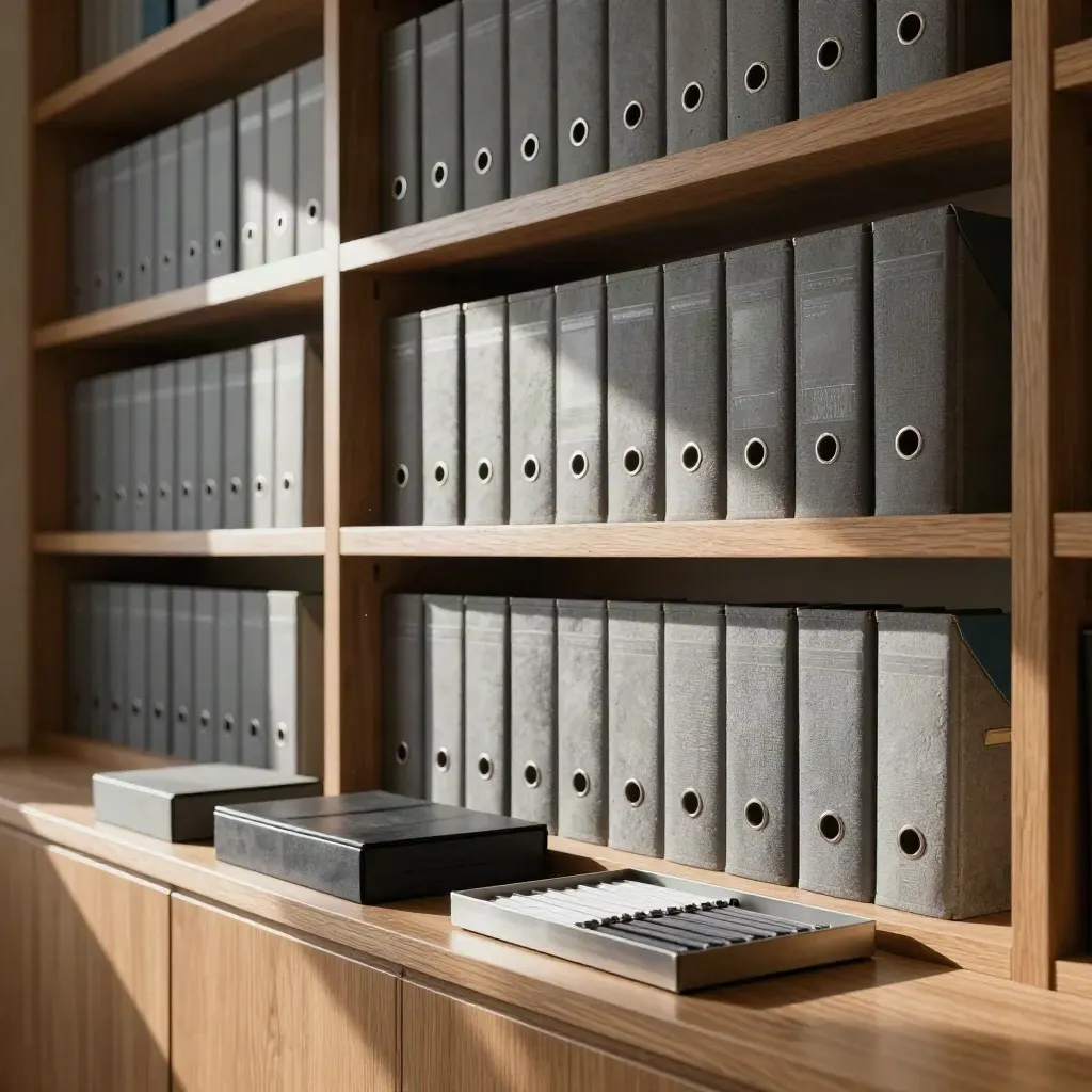 Tailored library wall with archival binders, stone bookends, and oak console in soft daylight.