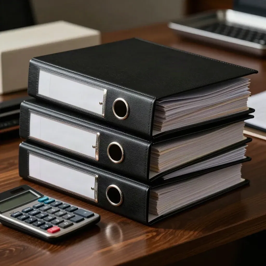 Black deal binders, steel clips, and a face-down calculator on dark lacquer under dramatic light.