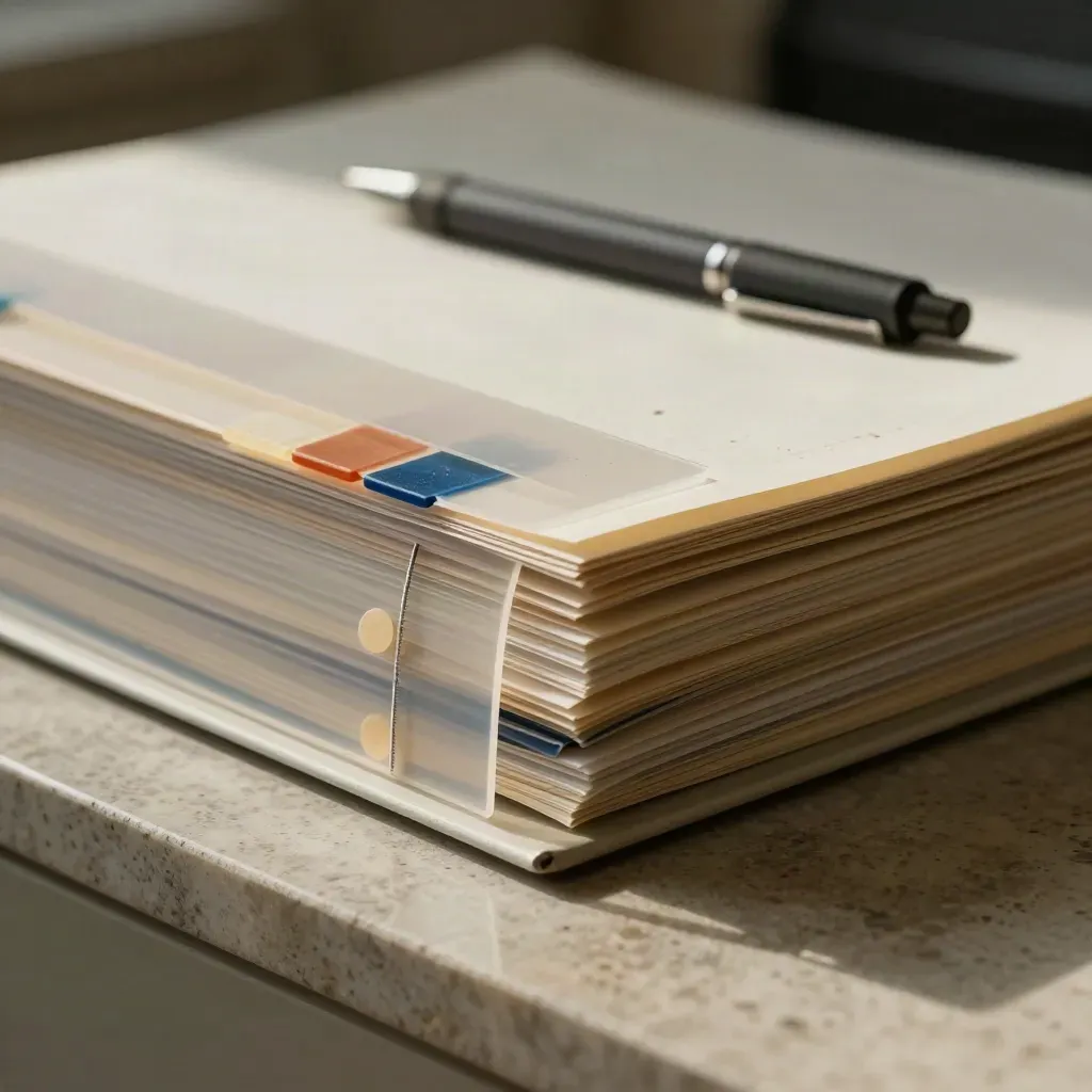 Acetate overlays and a graphite pen stacked on a pale file block in sharp side-lit close-up.