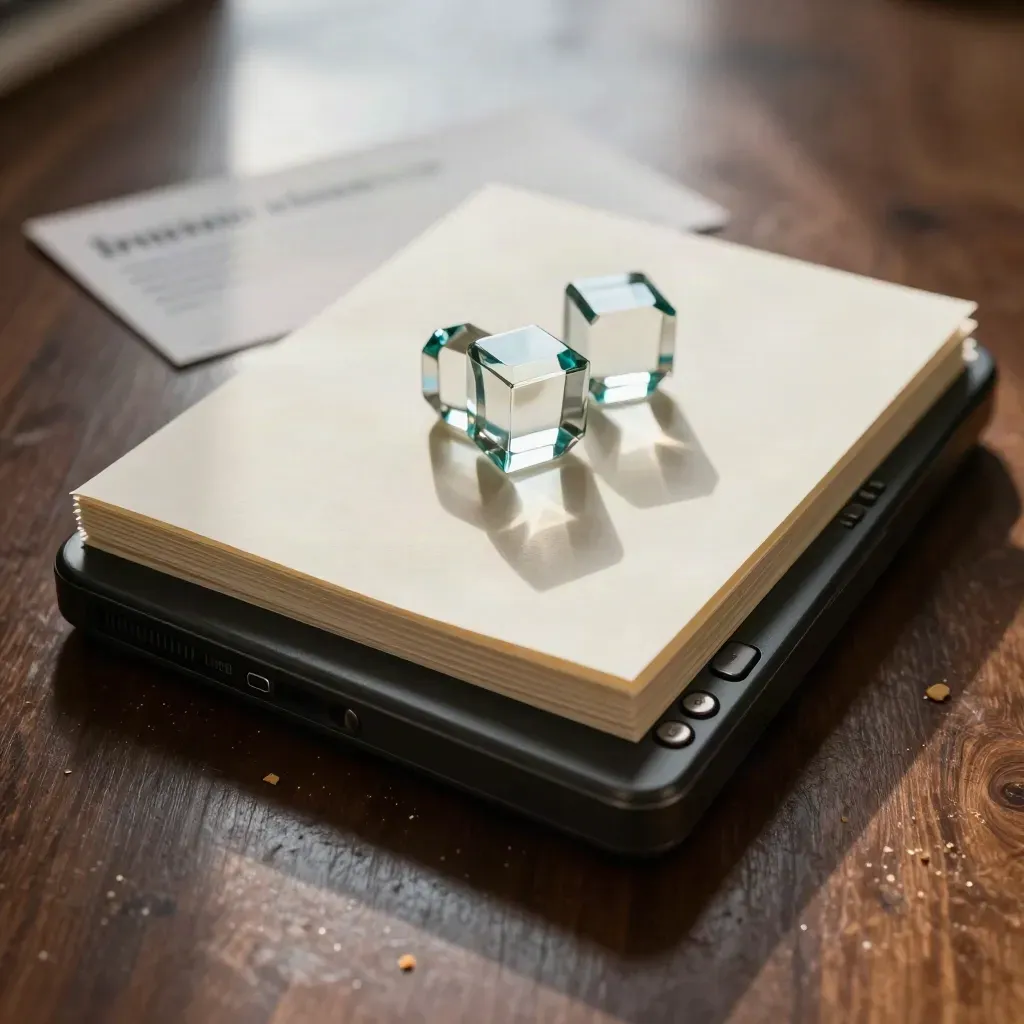 Phone console, sealed correspondence stack and glass paperweights on walnut